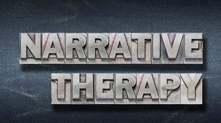 Narrative,Therapy,Phrase,From,Metallic,Letterpress,On,Dark,Jeans,Background